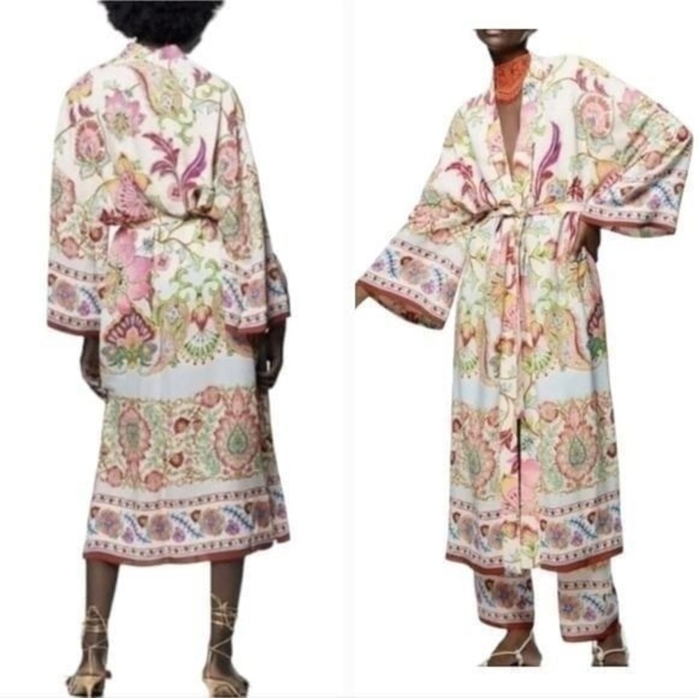 ZARA Floral Print‎ Kimono Duster Jacket Open Front Boho Bohemian Festival Medium